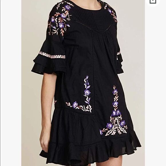 Free People Black Floral Embroidered Pavlo Mini Shift Dress XS 0 - Picture 2 of 13